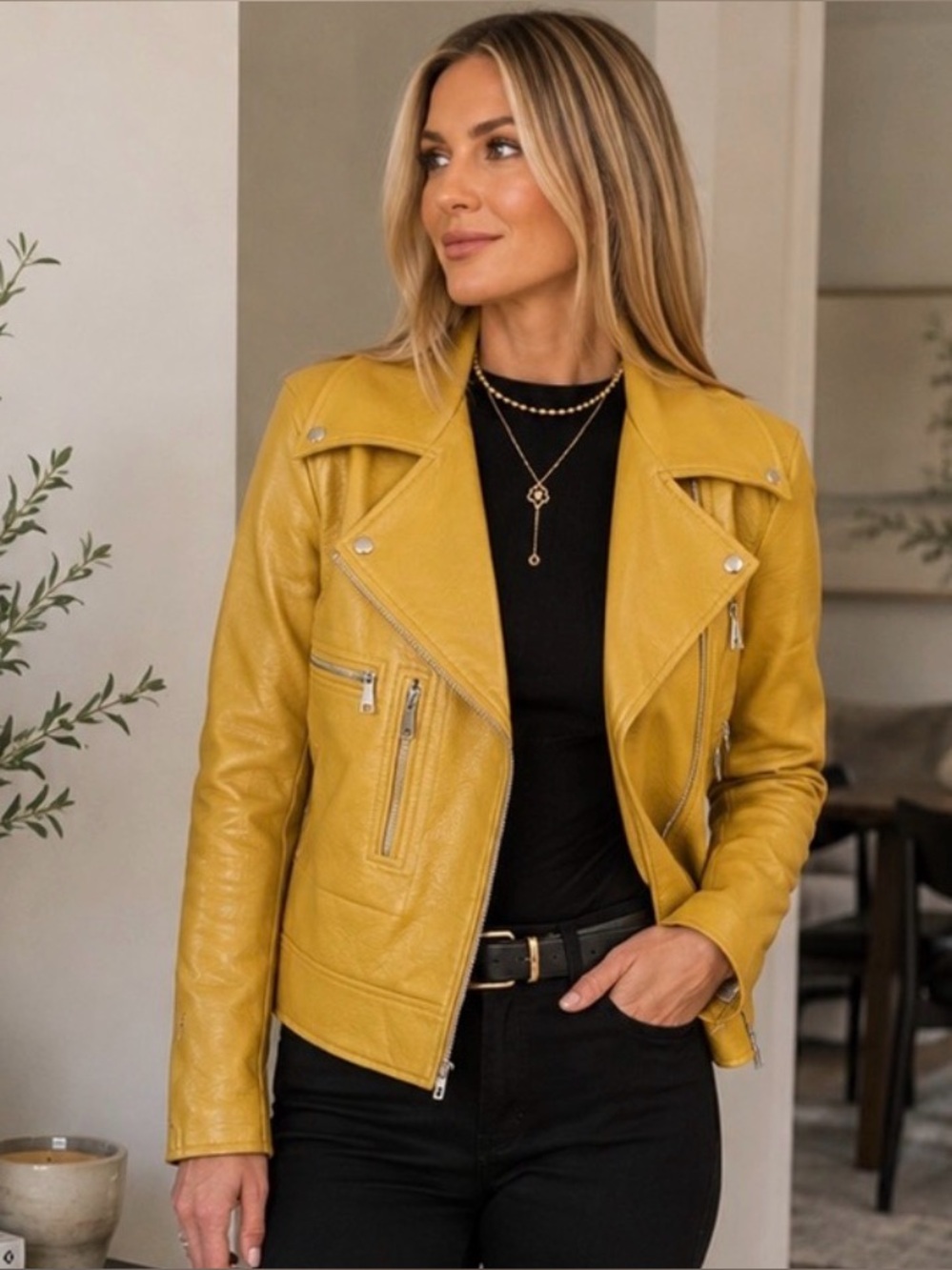Elizabeth and James Mustard Yellow Leather Moto Jacket